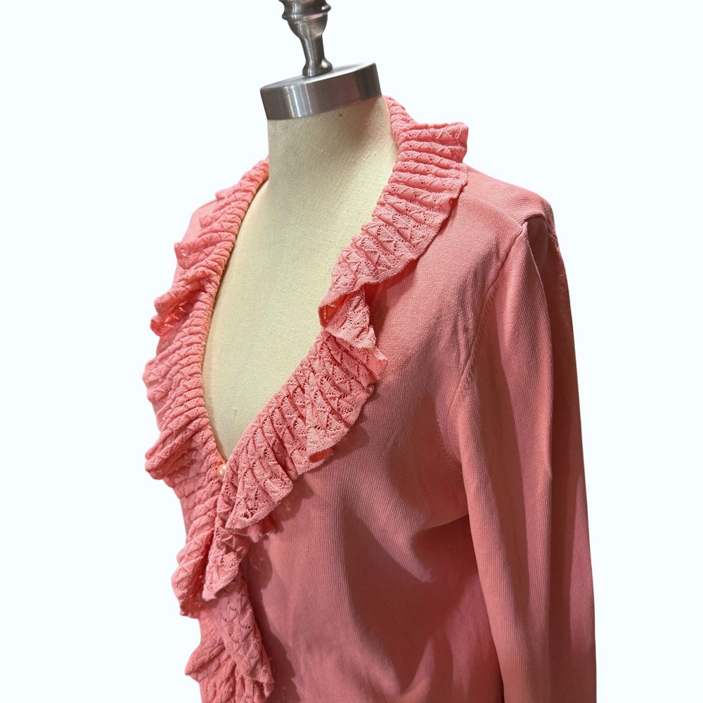 Due Per Due M Coral Pink Ruffle Cardigan Pearl Button‎ Fairy Coquette Valentines - Picture 2 of 12
